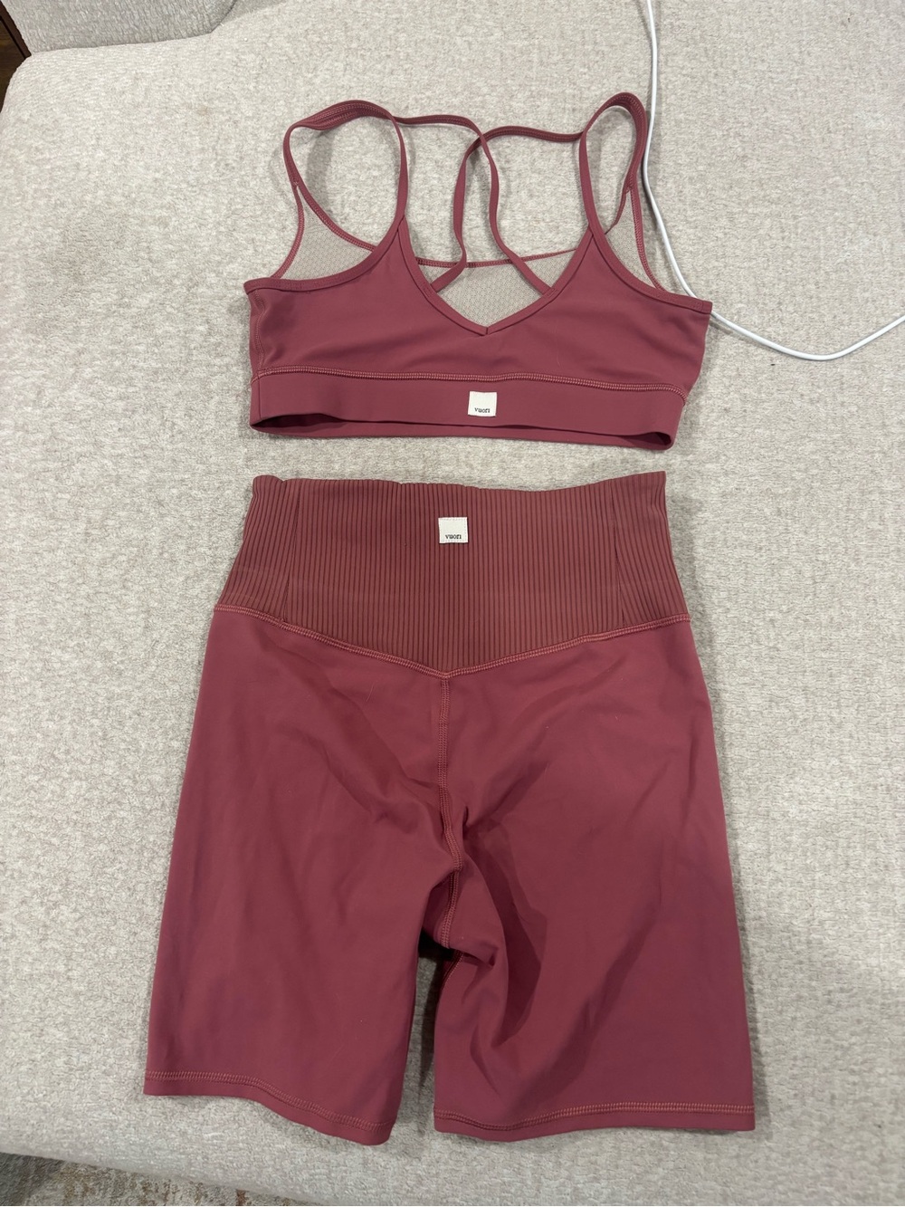 Vuori Women's Athletic Shorts and Sports Bra in Mauve